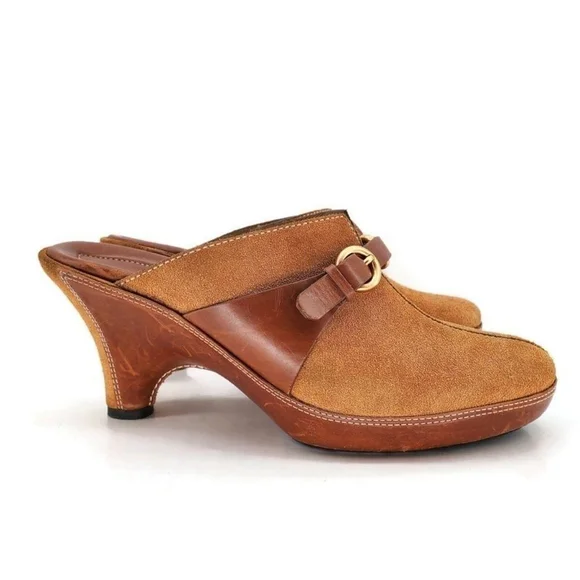 Cole Haan Tan Suede & Brown Leather Gold Buckle Strap Slide-On Mid Heel Mules - Picture 7 of 15